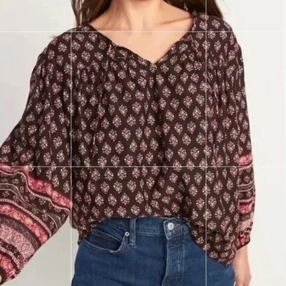 Old Navy Long Ballon Sleeve Smocked Brown Printed Poet Peasant Blouse Size Large - Picture 1 of 13